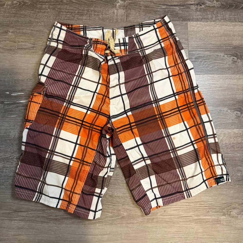 Reef Mens Plaid Board Shorts Surf Brown White Size 33 Cargo Pocket Swim Trunks